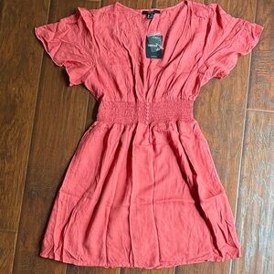 Forever 21 Coral Smocked Waist V-Neck Flutter Sleeve Dress